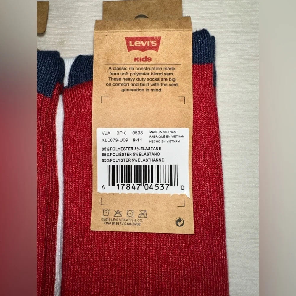 Levi's Kids Socks Blue Red White 9-11 Batwing Regular Cut 3-Pack Classic NWT